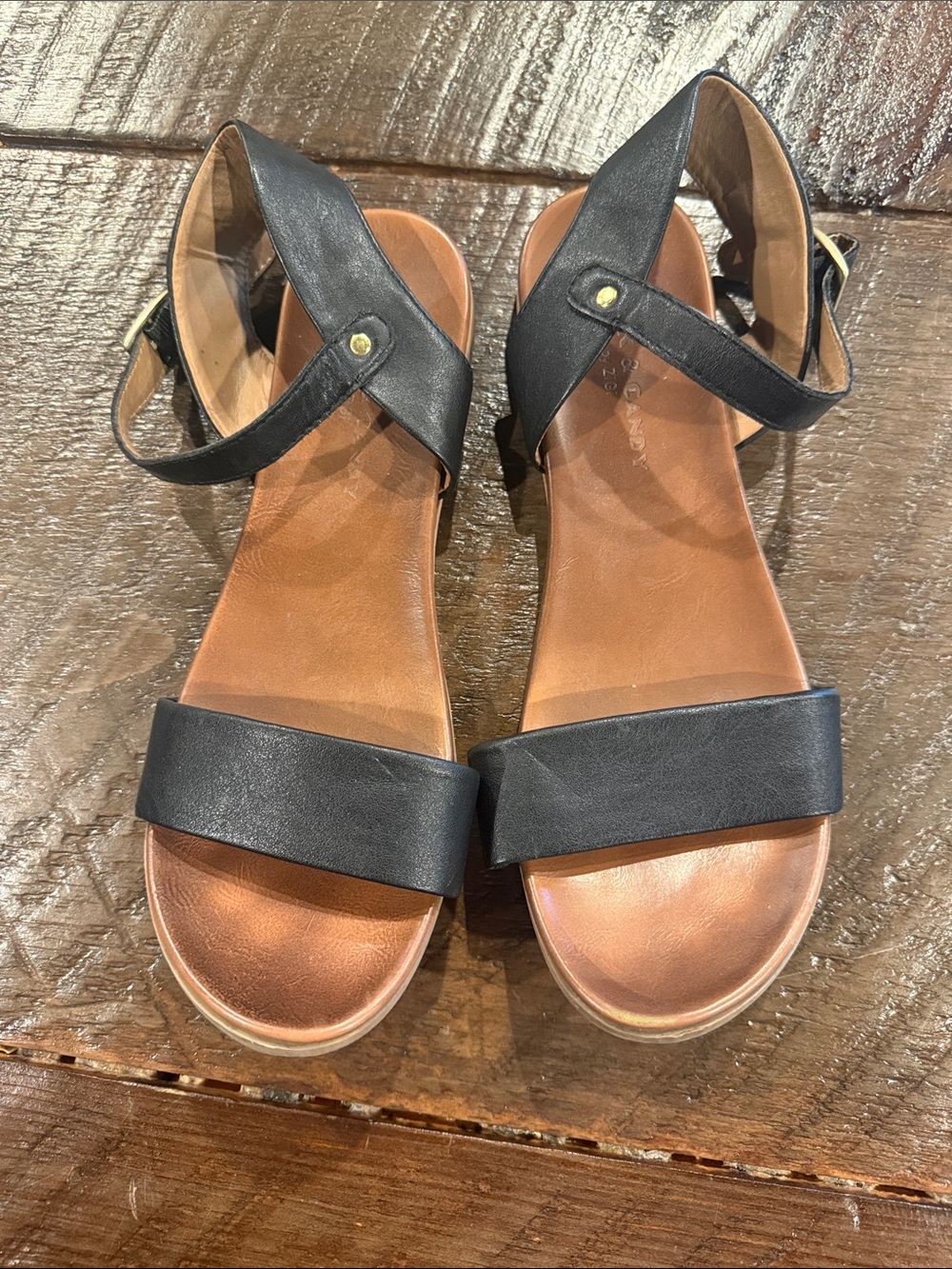 Rock & Candy Black Leather Ankle-Strap Sandals